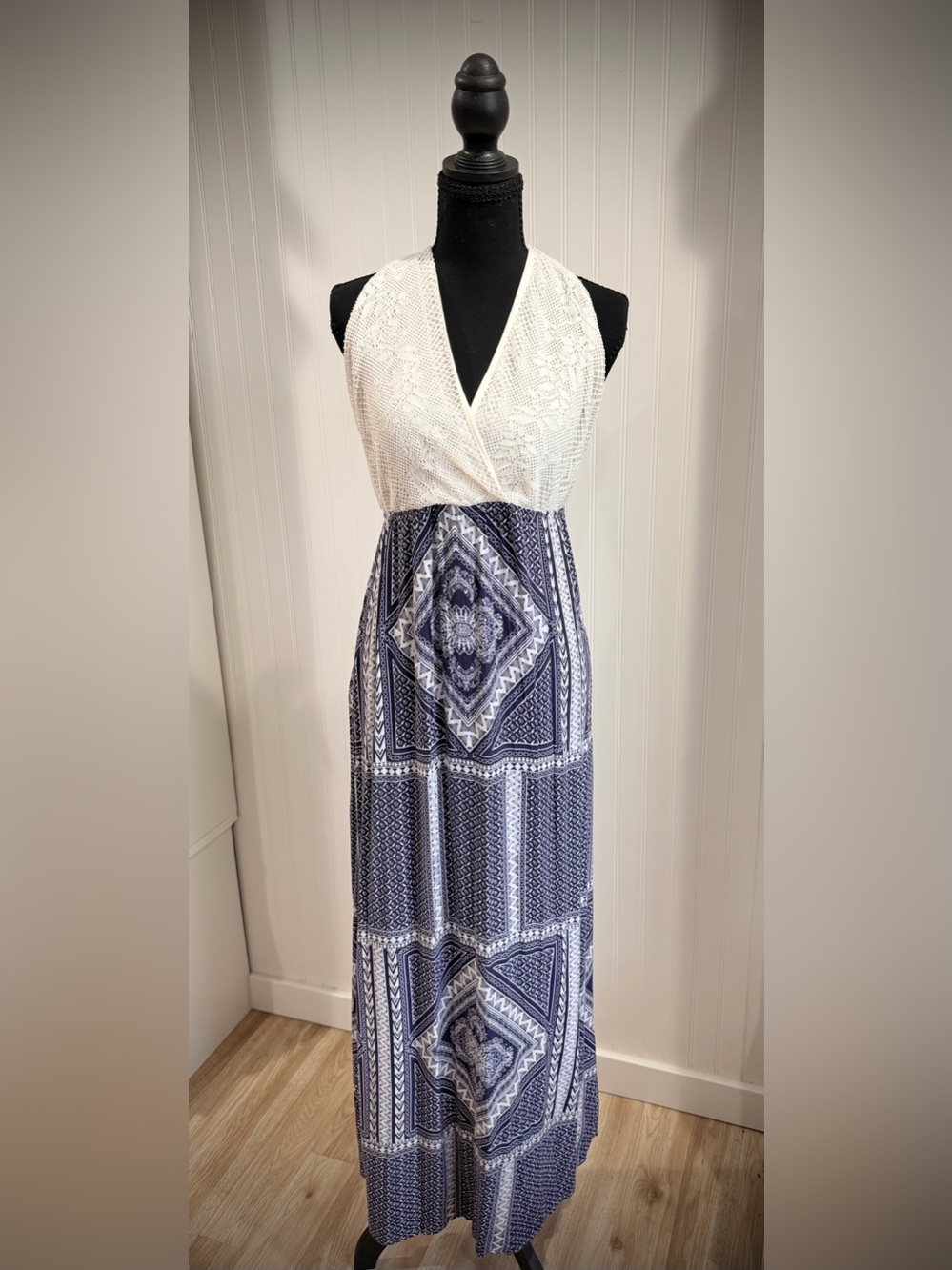 Flying Tomato White Crochet Halter Maxi Dress with Navy Print